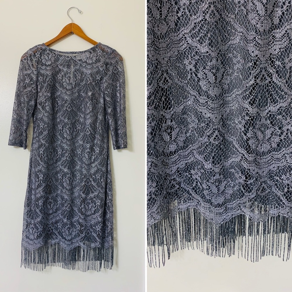 NWOT Fringed Silver Lace Cocktail Dress